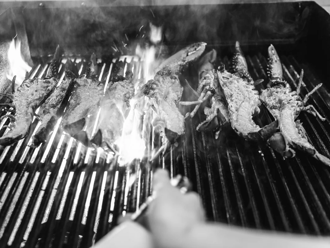 Langoustines on the open grill, with high flames